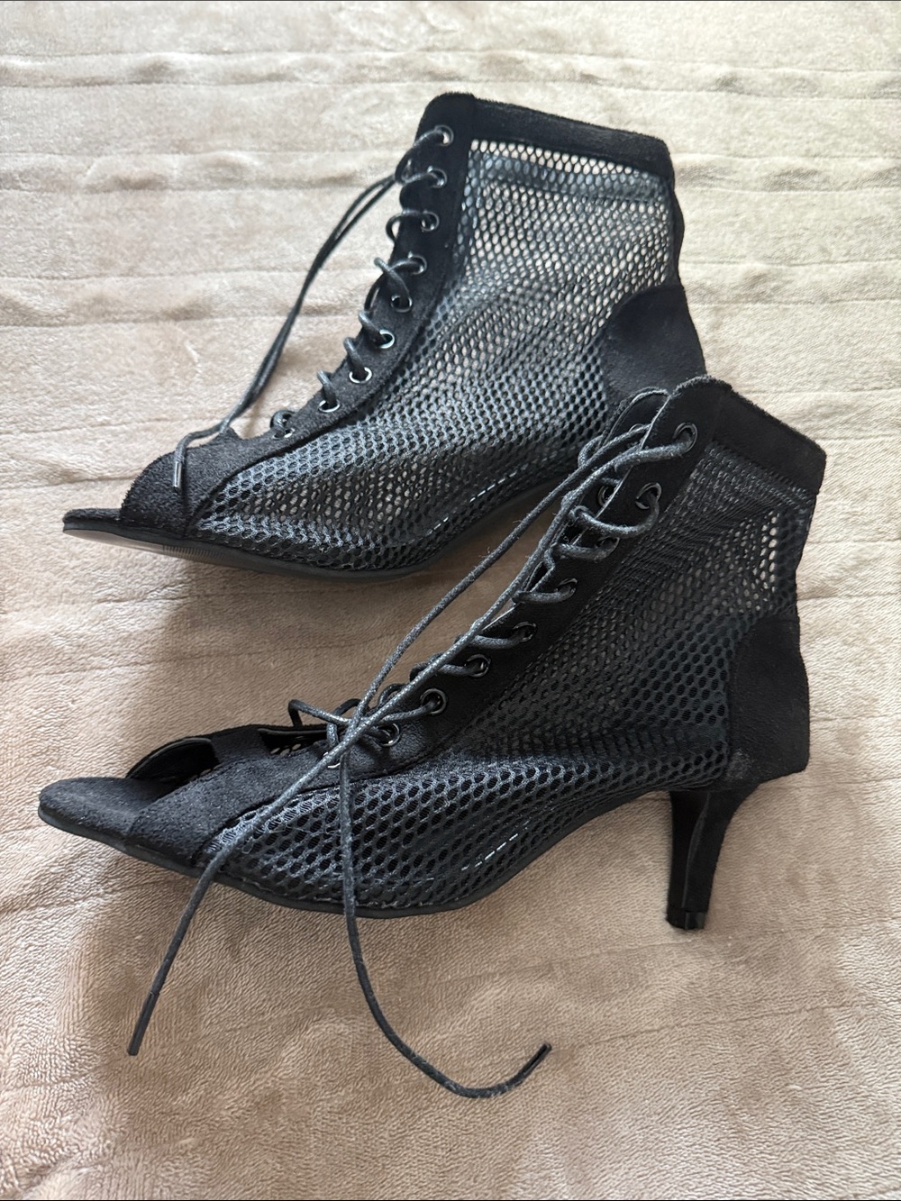 Black Lace-Up Mesh Peep-Toe Heels